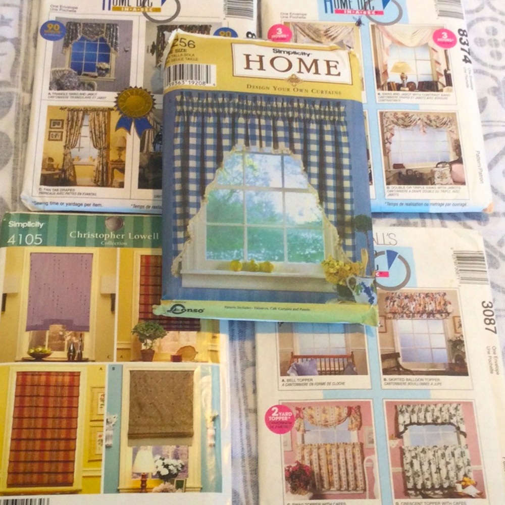Set of 5 curtain/valance sewing patterns home decor, McCalls and Simplicity.
